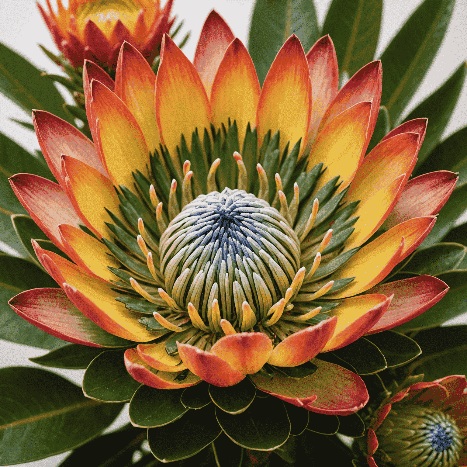 Close-up photo of a vibrant protea flower in full bloom, symbolizing growth and prosperity in South Africa