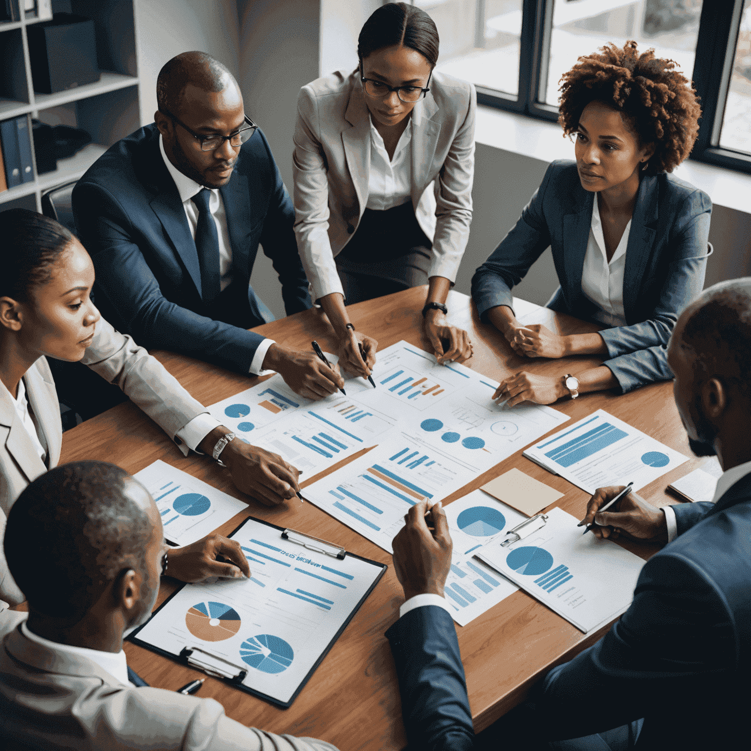 A team of business professionals gathered around a table, discussing a strategic plan for a South African company. The image conveys a sense of collaboration, focus, and forward-thinking.