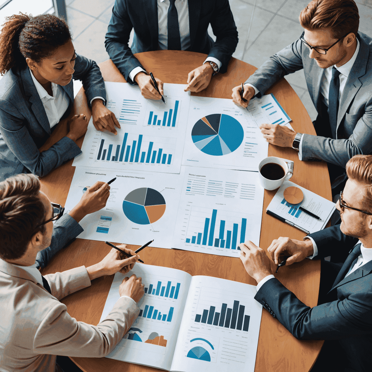 A group of business professionals gathered around a conference table, engaged in strategic planning discussions. Charts, graphs, and financial reports are visible on the table.