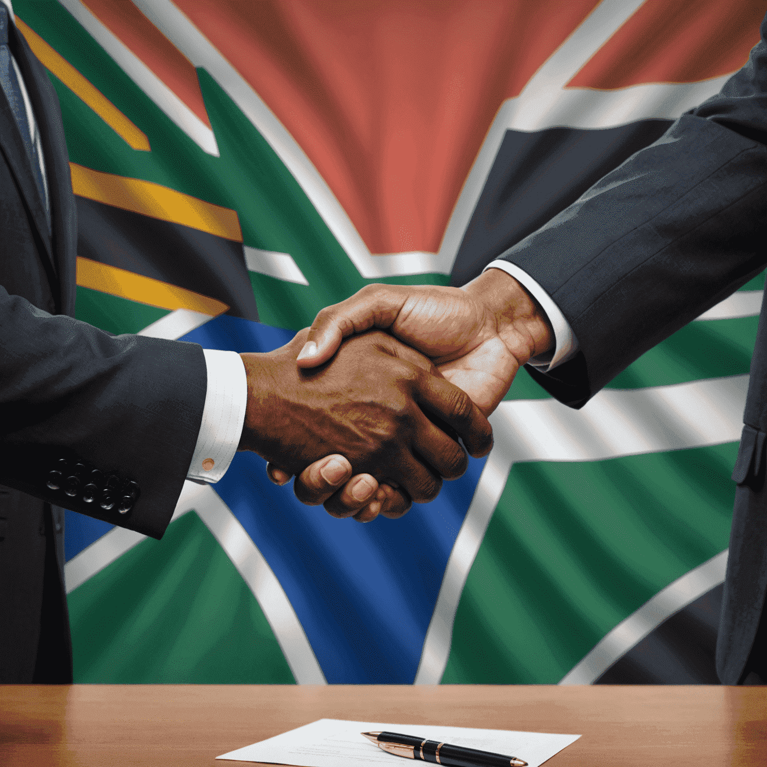 Businessmen shaking hands with South African flag in background