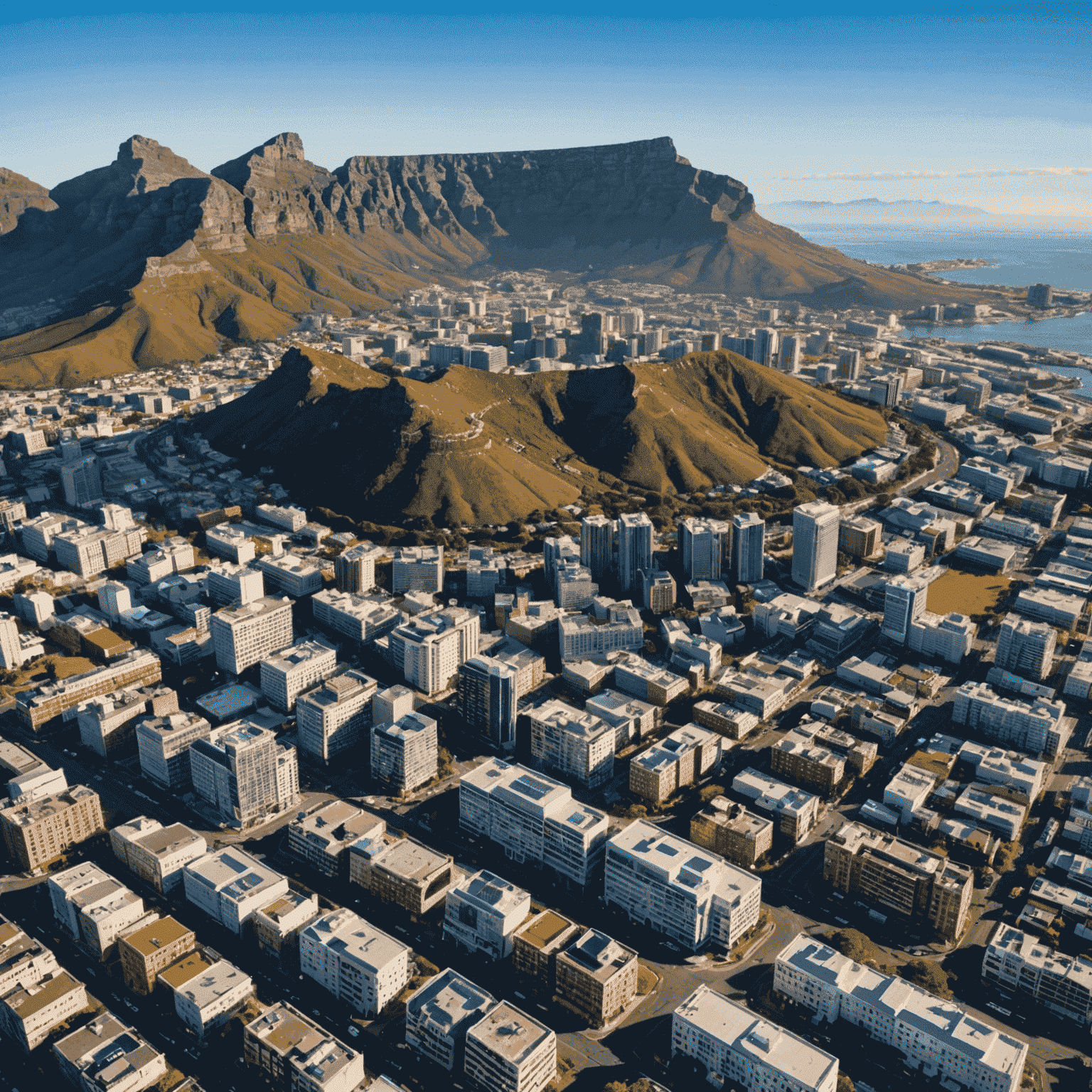 Aerial view of Cape Town cityscape with Table Mountain in background