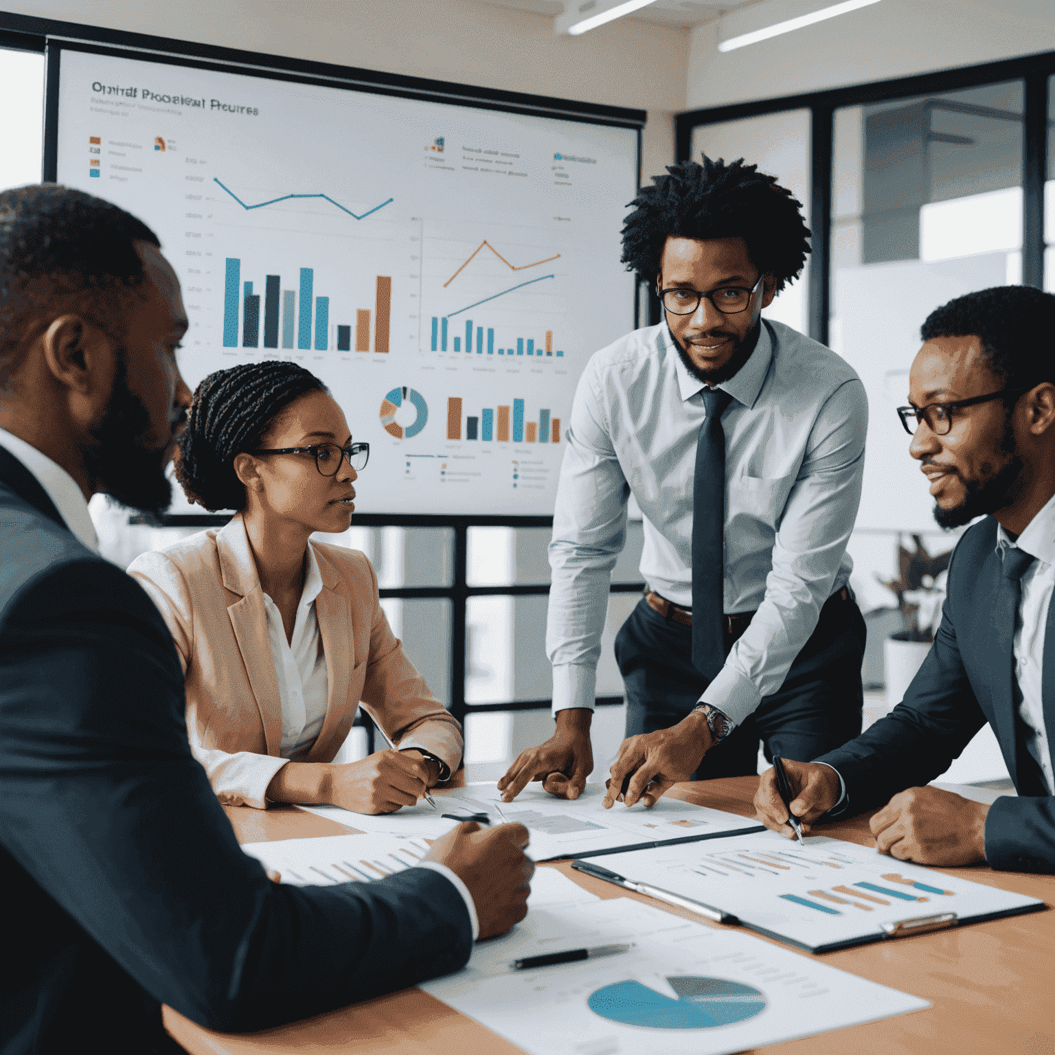 A group of diverse South African business professionals discussing trends and strategies around a conference table, with charts and graphs on a screen in the background