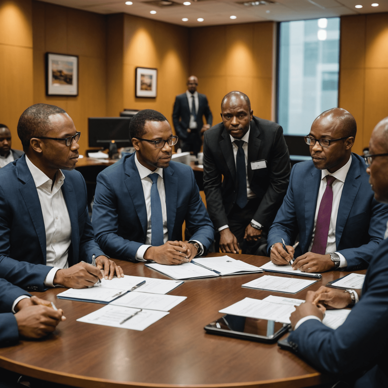 A team of consultants from Protea Strategies meeting with executives from a major financial institution in Johannesburg to discuss strategies for optimizing their investment portfolio and improving overall financial performance.