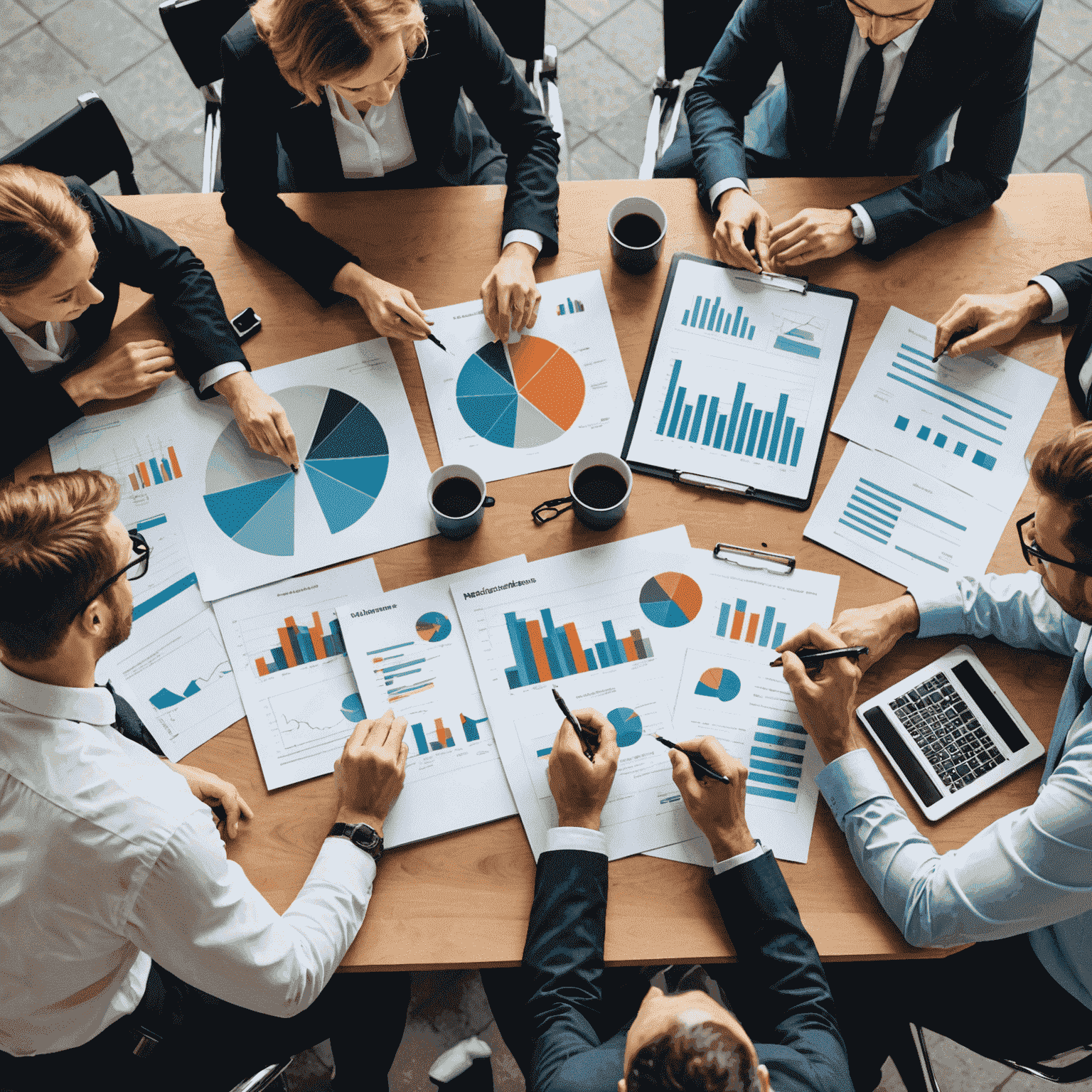 A team of business professionals gathered around a table, engaged in strategic planning discussions, with documents and charts spread out before them.