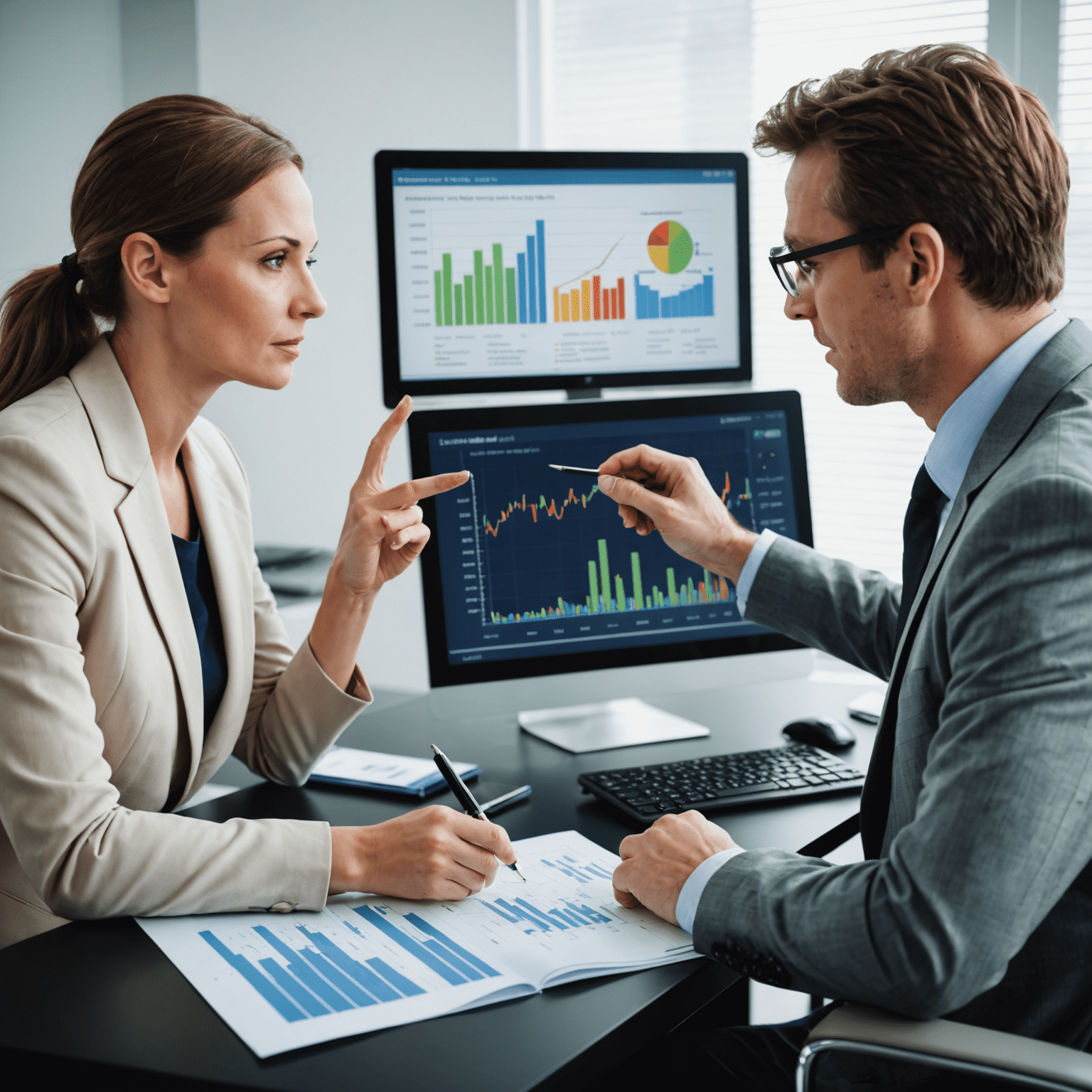 A financial consultant discussing investment strategies with a client. The consultant is pointing to charts and graphs on a computer screen, while the client listens attentively.