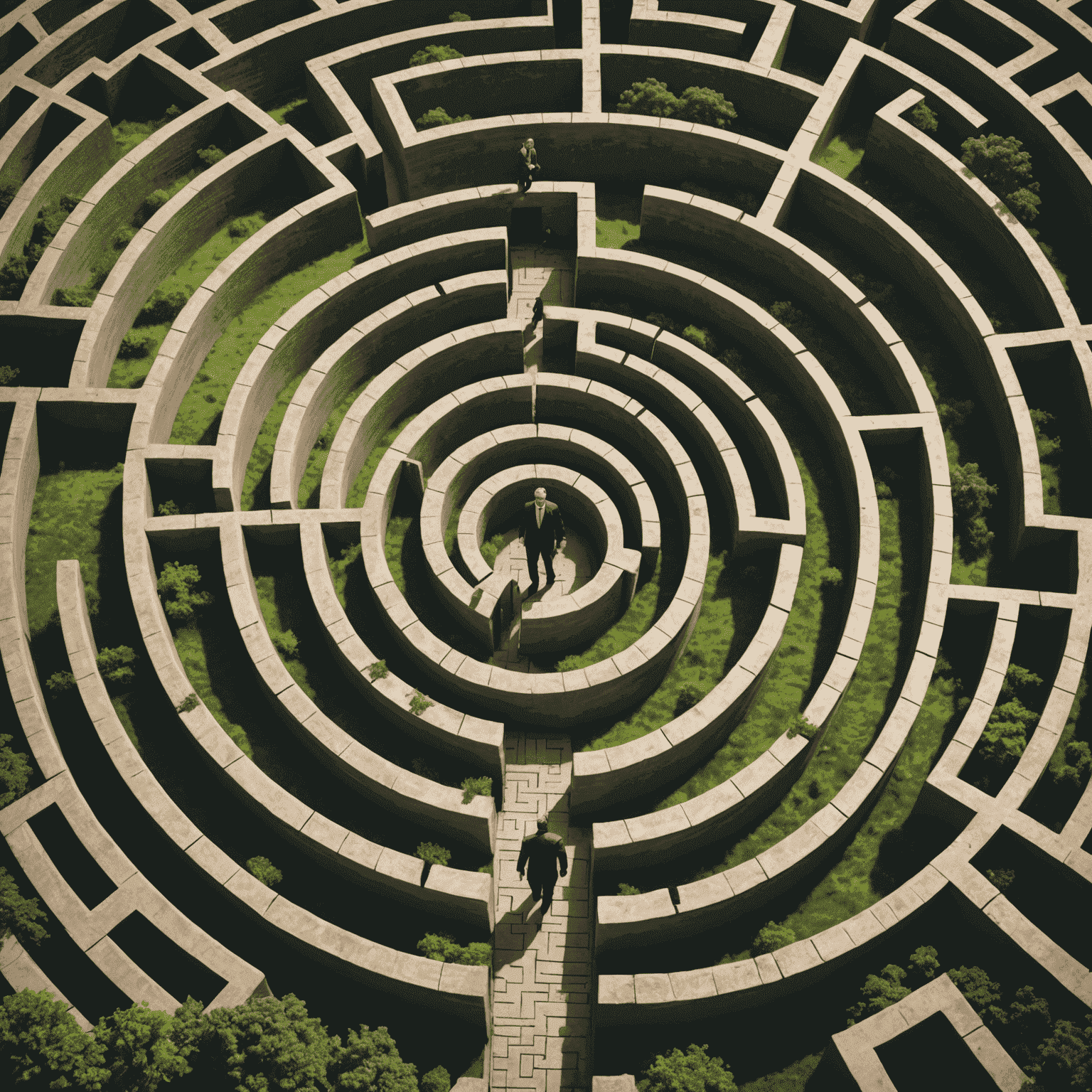 A businessperson navigating through a maze, symbolizing the challenges of doing business in South Africa, with obstacles and opportunities along the path.