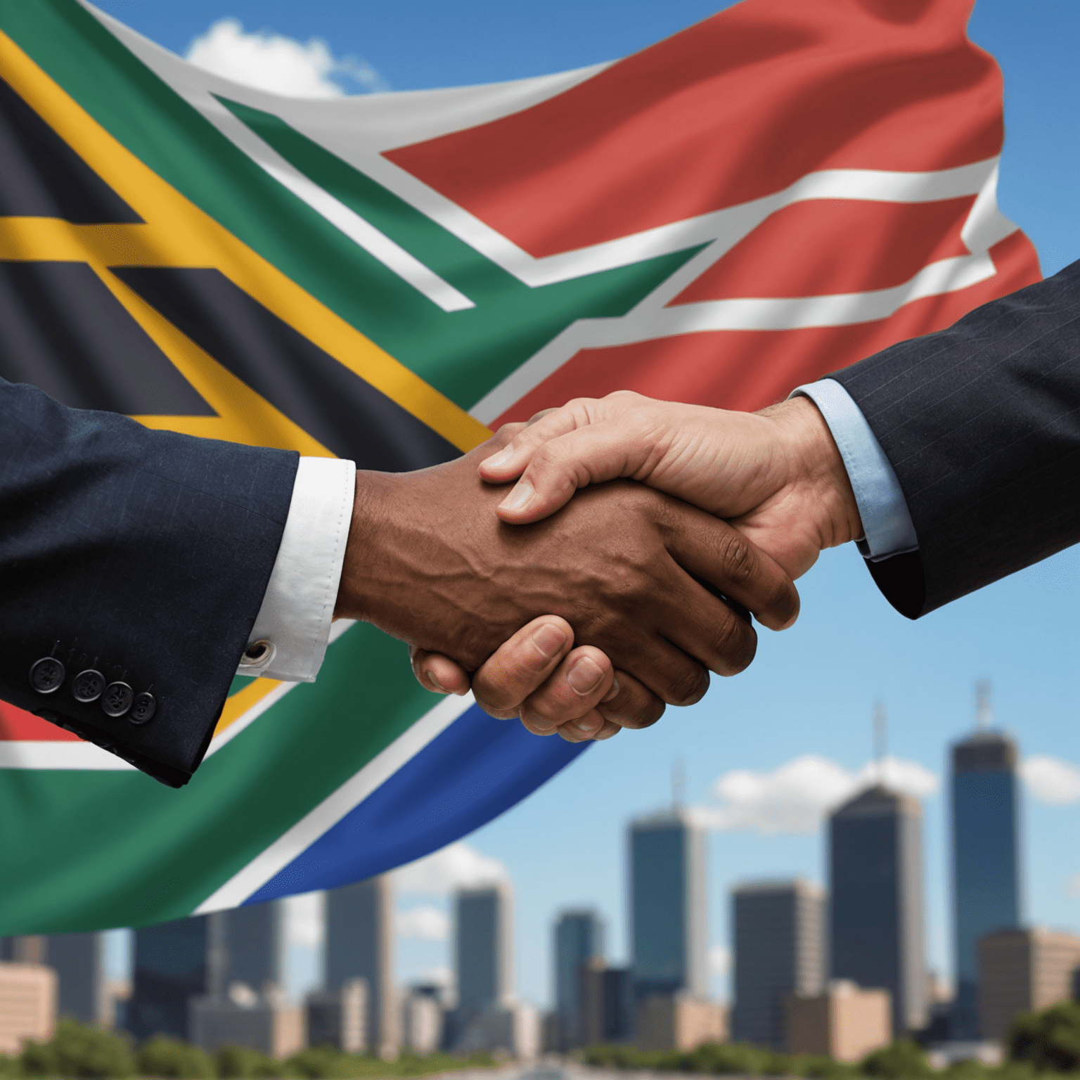 Handshake between business partners with South African flag in background