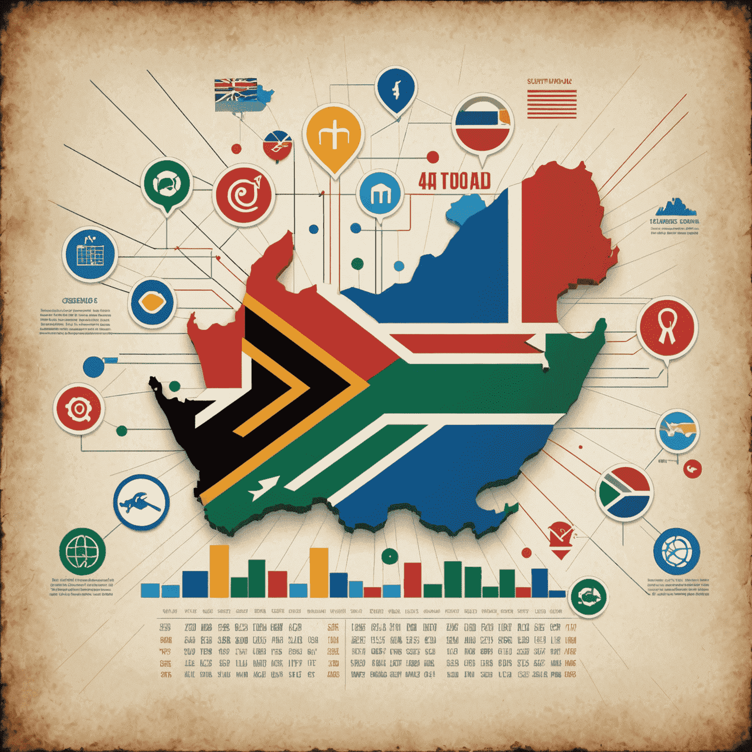 A graph showing an upward trend, representing business growth in South Africa, with a map of the country in the background and icons symbolizing various industries.