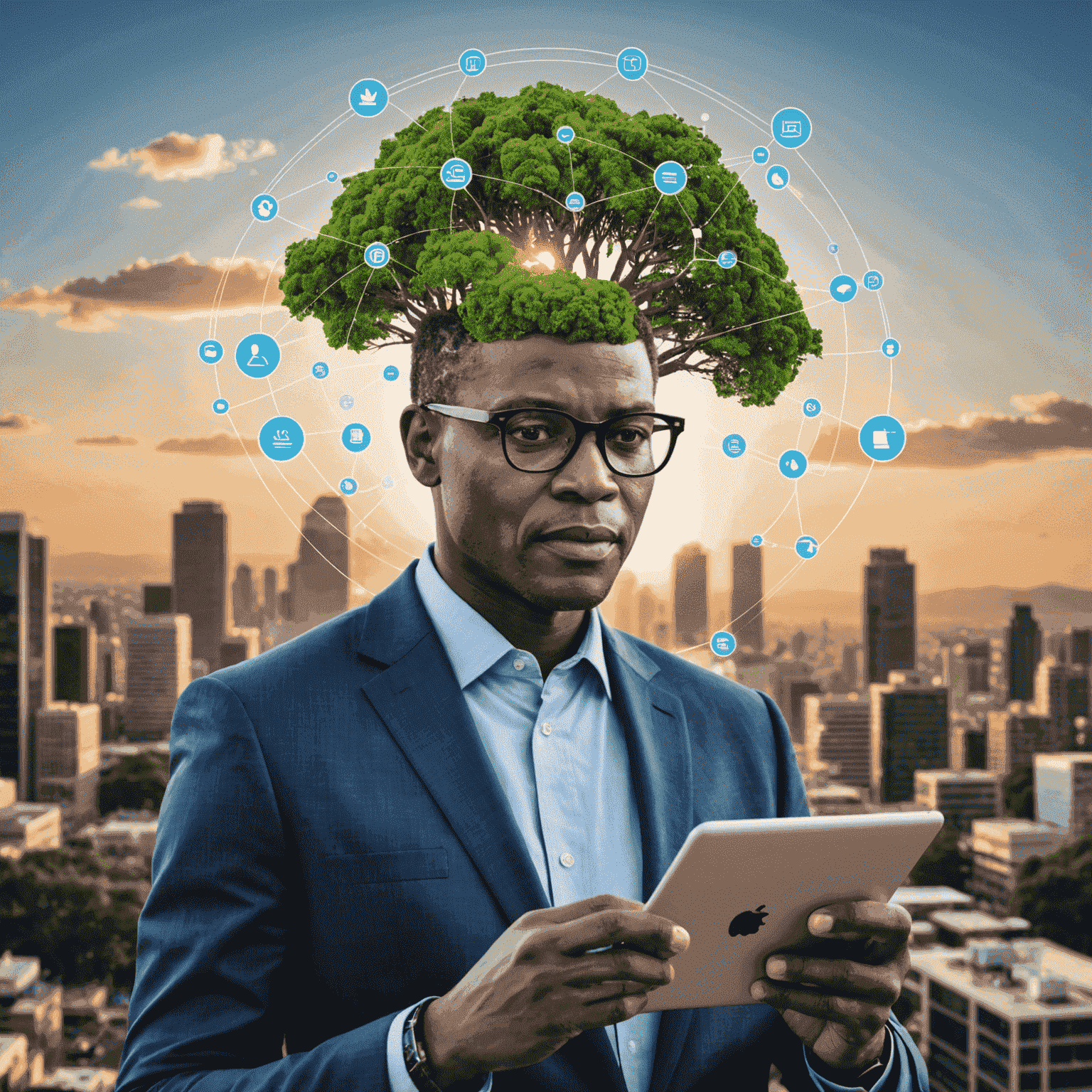 An image illustrating the key trends and predictions shaping the future of consulting in South Africa, such as digitalization, sustainability, and the rise of niche expertise. The visual should convey a sense of innovation and forward-thinking.